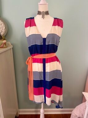Striped V-Neck Sleeveless Dress in Navy, Pink & Cream